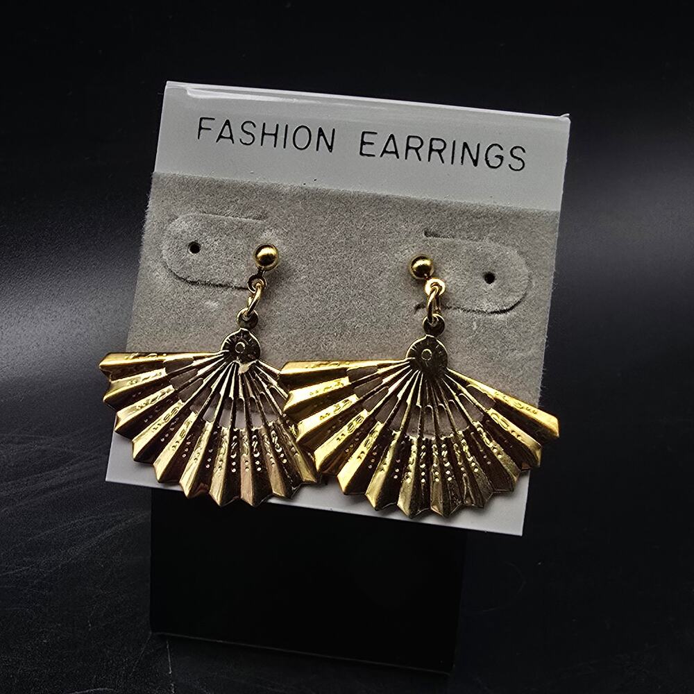 Gold Tone Fan Earrings Pierced Vintage 1980s NOS NWT On Card Made in USA